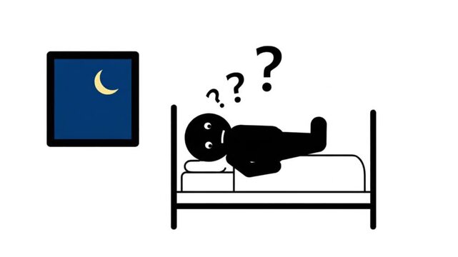A person lying in bed at night, unable to sleep, looking up at the moon with a question mark above their head