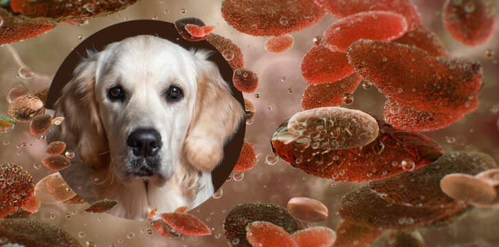 Brucella canis bacteria surrounding a domestic dog, 3D microbiological render illustrating canine brucellosis zoonotic infection. Intracellular pathogen of Canis lupus familiaris. Veterinary medicine