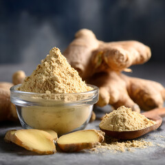 Fototapeta premium Fresh ginger root and ground ginger powder in a glass bowl