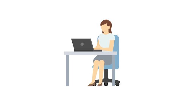 フラットイラストアニメーション：PCを使って仕事をするスーツ女性(夏)