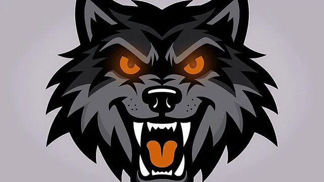 Fierce black wolf head with sharp teeth and glowing orange eyes.