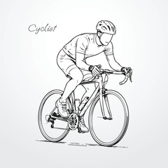 Fototapeta premium Cyclist vector illustration line art outline male athlete riding action bicycle bike sport fitness racing training competition graphic design minimalist modern scalable road cycling mountain bike