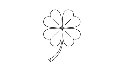 Four-leaf clover is drawn with clean black lines, representing luck, fortune, and Irish culture for holiday decorations or logos.