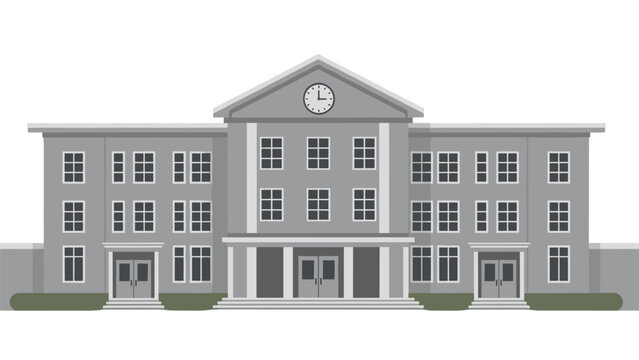 Classic school or university building with a clock on the facade is shown in a clean monochrome architectural style for education.