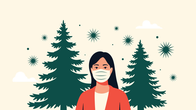 Woman wearing a protective mask is surrounded by pine trees and floating allergen symbols, highlighting seasonal hay fever issues.