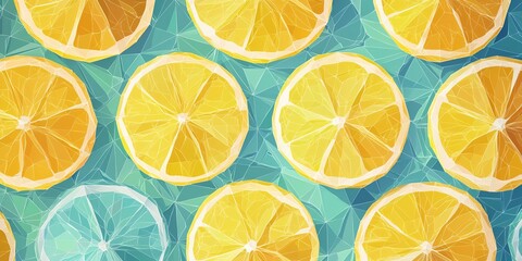 Vibrant Geometric Pattern of Fresh Lemon Slices on Teal Background