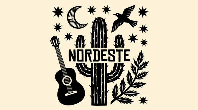 Brazilian Nordeste Xilogravura Woodcut Illustration: Mandacaru Cactus, Guitar, Bird, Moon, and Stars