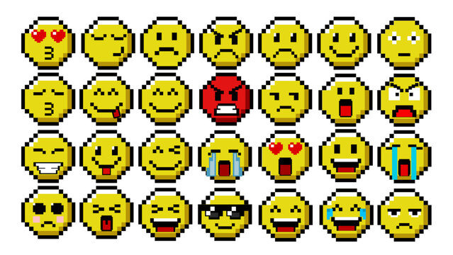 Set of various emojis in pixel art style. Retro style, 8 bit game emotions collection. Various faces, smiley, happy, sad, angry, love, crying, laughing, surprised etc. Isolated vector illustrations