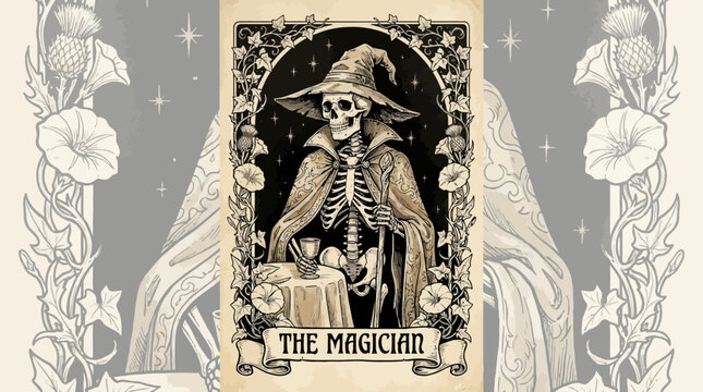 The Magician Tarot Card with Skeleton and Wizard Hat. Vintage Occult Engraving, Death and Mystic Fortune Telling Design.