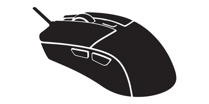Black computer mouse silhouette, gaming peripheral icon, isolated on white background.
