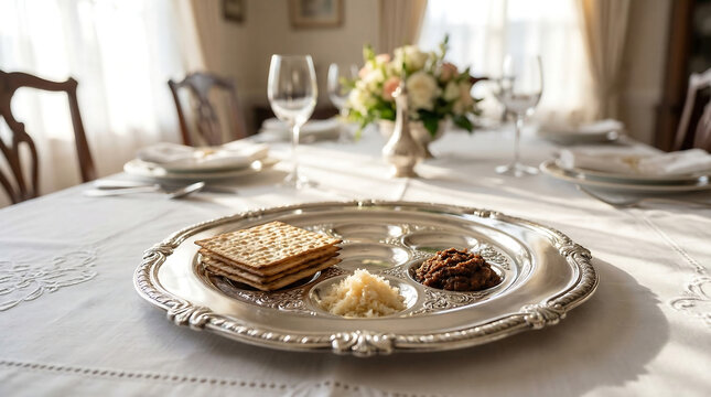 Ornate Silver Seder Plate with Matzah and Symbolic Foods for Passover Celebration