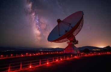 Large radio telescope dish aims at the Milky Way galaxy in night sky. Red lights illuminate fence path leading to observatory equipment. Stars fill dark cosmos.