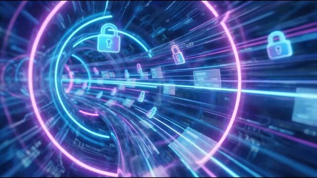 Seamless loop of high speed flight through data stream. Neon padlocks symbolizing encryption and network protection. Blue sci-fi background for VPN and internet security concepts.
