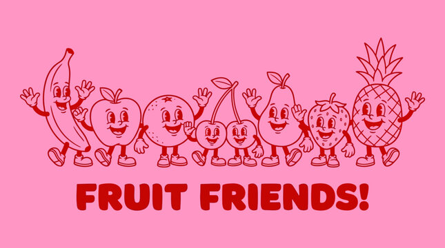 Retro 1930s Cartoon Mascot Fruit Friends. Happy Banana, Apple, Cherry, Pineapple, and Strawberry Character Line Art Illustration on Pink Background.