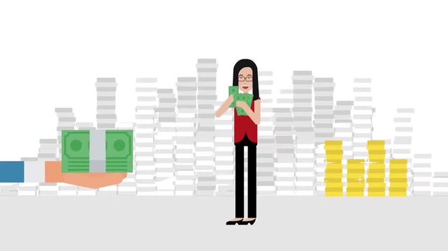 Businesswoman standing near money stacks animation, financial growth and savings investment concept, personal finance success, 2D cartoon