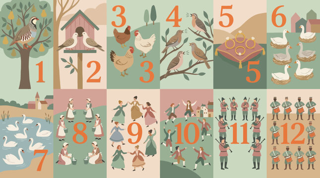 The Twelve Days of Christmas Illustrated Grid. Vintage Folk Art Counting Pattern of Traditional Gifts: Partridge, Doves, Hens, Rings, Swans, Pipers, and Drummers.