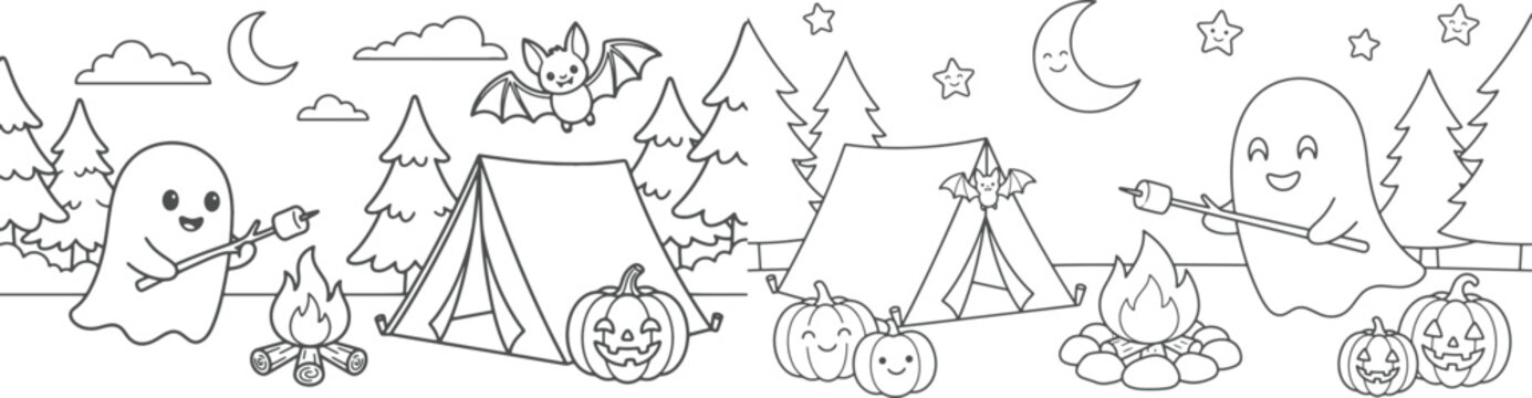 8.5x11 inch Halloween coloring page. fun design with ghosts, a boy dressed as a vampire and more. Ready to print on standard 8.5 x 11 (US letter paper) page.
