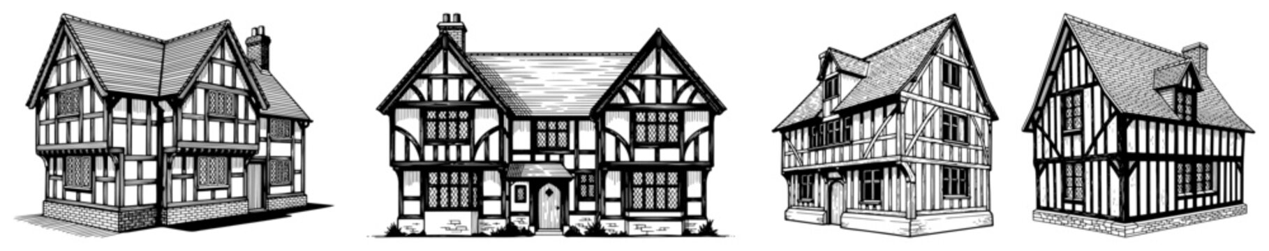 Set of hand drawn medieval half timbered houses in traditional tudor architectural style