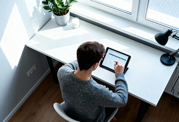Young caucasian male using tablet at minimalist home office desk