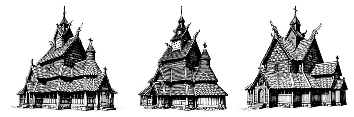 Vintage wood engraving style illustration of traditional Norwegian stave churches with ornate wooden roofs © Tomas