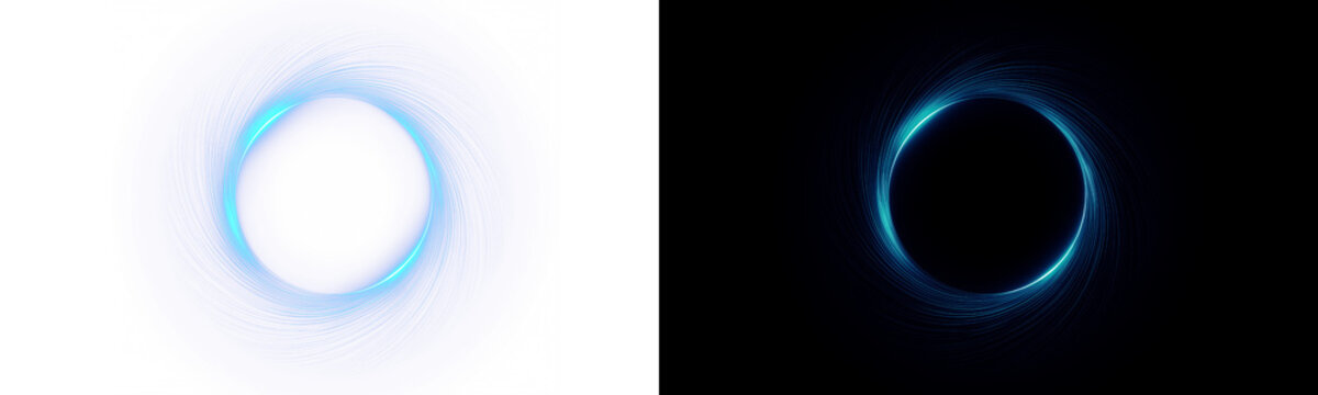 Minimal blue neon ring with subtle glow and reflections, clean light effect on split background, PNG.