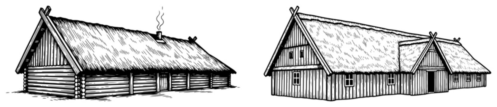 Vintage woodcut style illustration of ancient viking longhouses and traditional scandinavian turf roof dwellings
