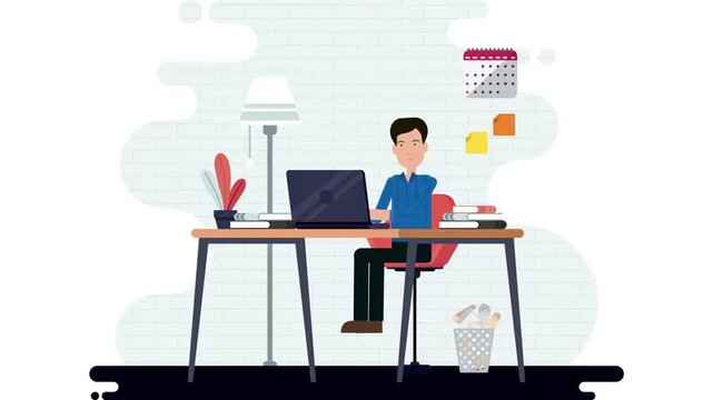 Man working late at computer animation, remote work overtime and freelancer job concept