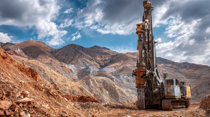 Heavy Drilling Machine Operating in Remote Mining Area Under Dramatic Sky with Mountains in Background