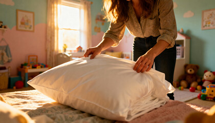 Caucasian female adult organizing nursery room with plush toys and pillow in soft morning light