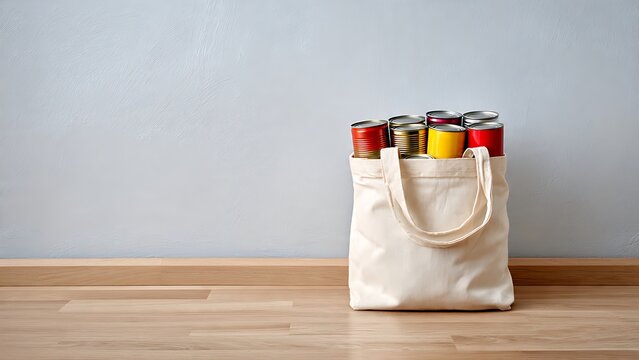 Reusable tote bag filled with canned food donation on minimal wall background