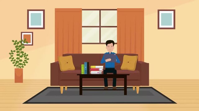 Man using laptop while sitting on sofa animation, home internet browsing and remote work lifestyle concept