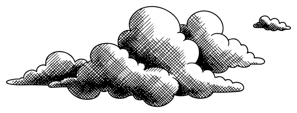 Hand drawn fluffy cumulus clouds in detailed vintage engraving sketch style