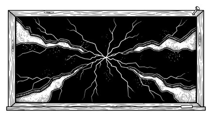 Abstract energy explosion or lightning breaking through a dark blackboard within a wooden frame © Tomas