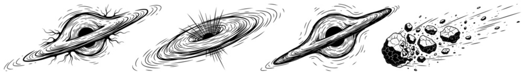 Collection of space celestial bodies including black holes and asteroids in vintage etching style © Tomas