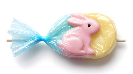 Cute Easter bunny shaped lollipop with pastel pink and blue icing, glossy candy texture, detailed stick, isolated on pure white background, soft studio lighting, high resolution