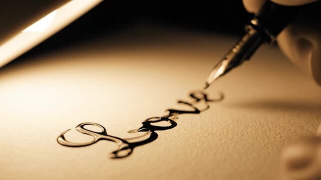 Extreme Close-Up of Hand Writing the Word Love in Cursive Script with Fountain Pen, Vintage Romantic Letter Concept with Warm Lighting and Black Ink