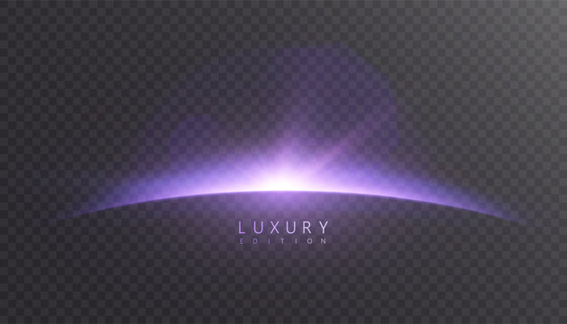 Luxurious purple glare with a glowing arc of the horizon and soft rays, elegant abstract light for premium branding and banners. Editable scalable vector.
