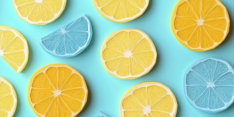 Fototapeta premium Colorful Lemon and Blue Lemon Slice Arrangement on Bright Background