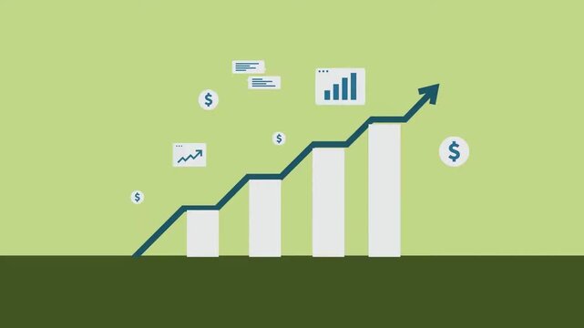Business growth chart animation with rising graph, financial success and profit increase concept, economic development and progress, 2D cartoon
