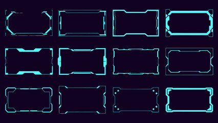 Collection of glowing cyan futuristic rectangular frame graphics arranged in a grid pattern on dark background © Sanjay