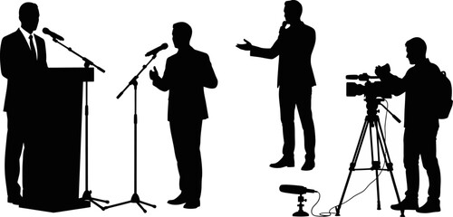Silhouettes of men in business attire speaking and being filmed on camera © Badhon
