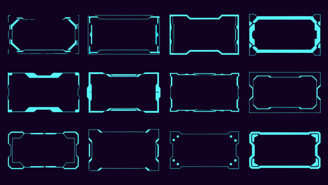 Collection of glowing cyan futuristic rectangular frame graphics arranged in a grid pattern on dark background