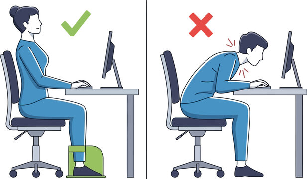 Proper and improper sitting posture at desk with computer monitor and chair  healthy and unhealthy working positions
