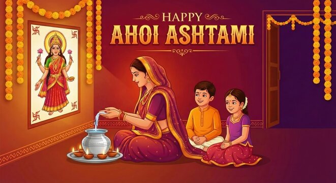 A woman in traditional Indian attire performs a ritual with her children beside her, honoring the Hindu festival of Ahoi Ashtami with offerings and a depiction of Goddess Lakshmi