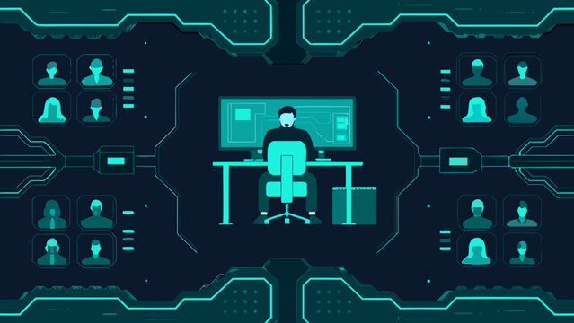 A hacker focused on a computer surrounded by silhouettes within a network