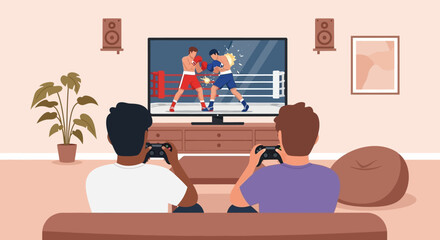 Two friends playing a boxing video game together on a console. © Abhinaya Project
