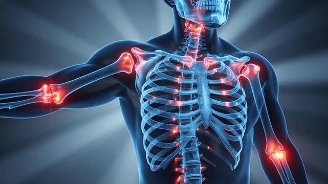 3D Render of Human Skeletal System Highlighting Painful Joints &ndash; Medical Illustration of Inflammation in Elbow and Shoulder
