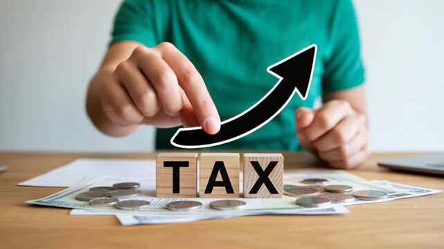 
Hand Placing Wooden Tax Blocks with Upward Arrow Over Money &ndash; Financial Growth and Tax Increase Concept
