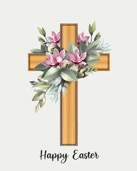 Happy Easter greeting card with wooden cross and flowers
