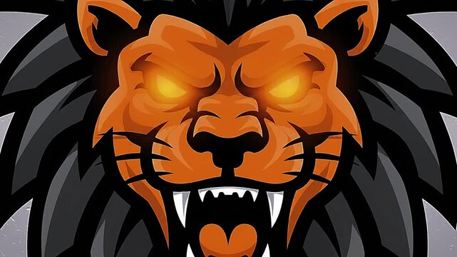 Fierce Cartoon Lion Head with Glowing Eyes and Sharp Teeth.
